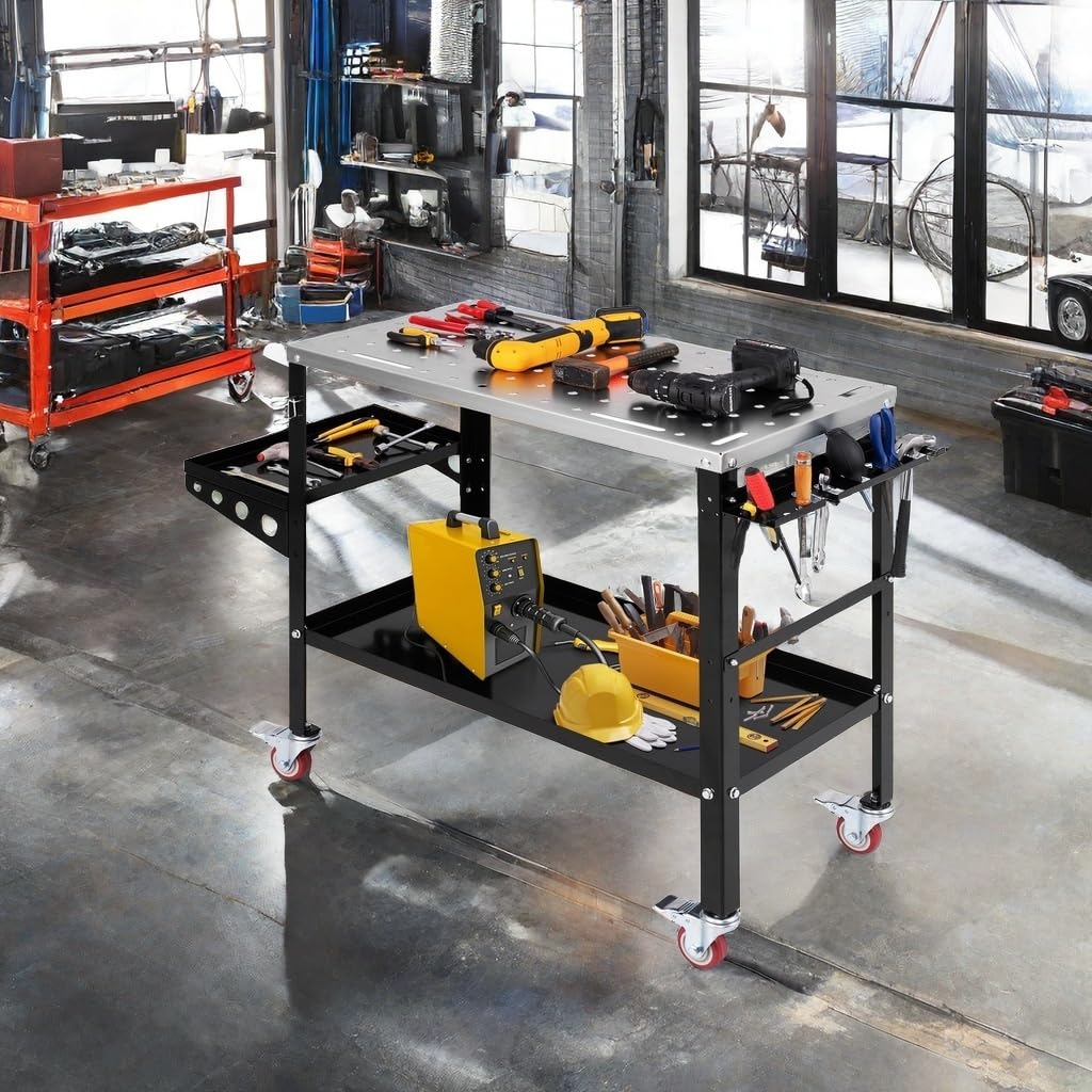 ERGOMASTER Rolling Welding Table, 36'' x 18'' Welding Table Top, 1200LBS Steel Welding Workbench Table with Wheels, 5/8’’ Holes, 8 Tool Slots, 2 Nozzle Holders, Welding Cart for Welding Sawin - WoodArtSupply