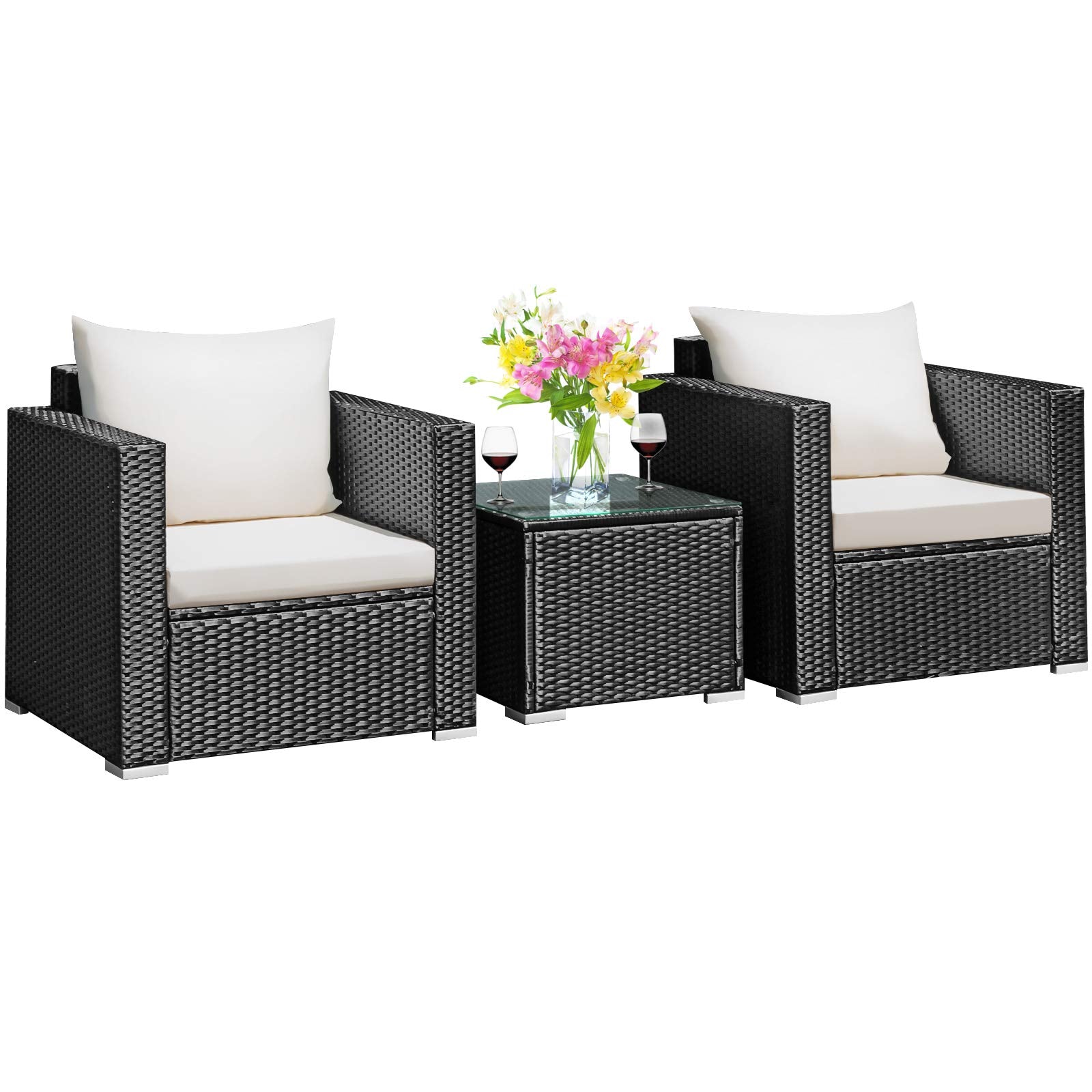 Tangkula 3 Pieces Patio Furniture Set, PE Rattan Wicker Sofa Set w/Washable Cushion and Tempered Glass Tabletop, Outdoor Conversation Furniture for Garden Poolside - WoodArtSupply