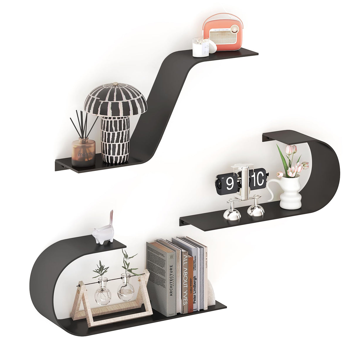 BUTUNITA Black Floating Shelves Set of 3, Black Metal Decor, Unique Mounted Floating Shelf, Modern Long Wall Shelf, Large Wall Shelves for Bedroom, Bathroom, Living Room BUTUNITA