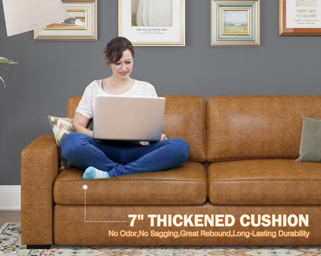 ABCASA 85" Faux Leather Couch with Padded Cushions, Mid-Century Modern Sofa with Extra Deep Seats, 3-Seater Sofa Couch for Living Room Apartment Lounge, Brown ABCASA