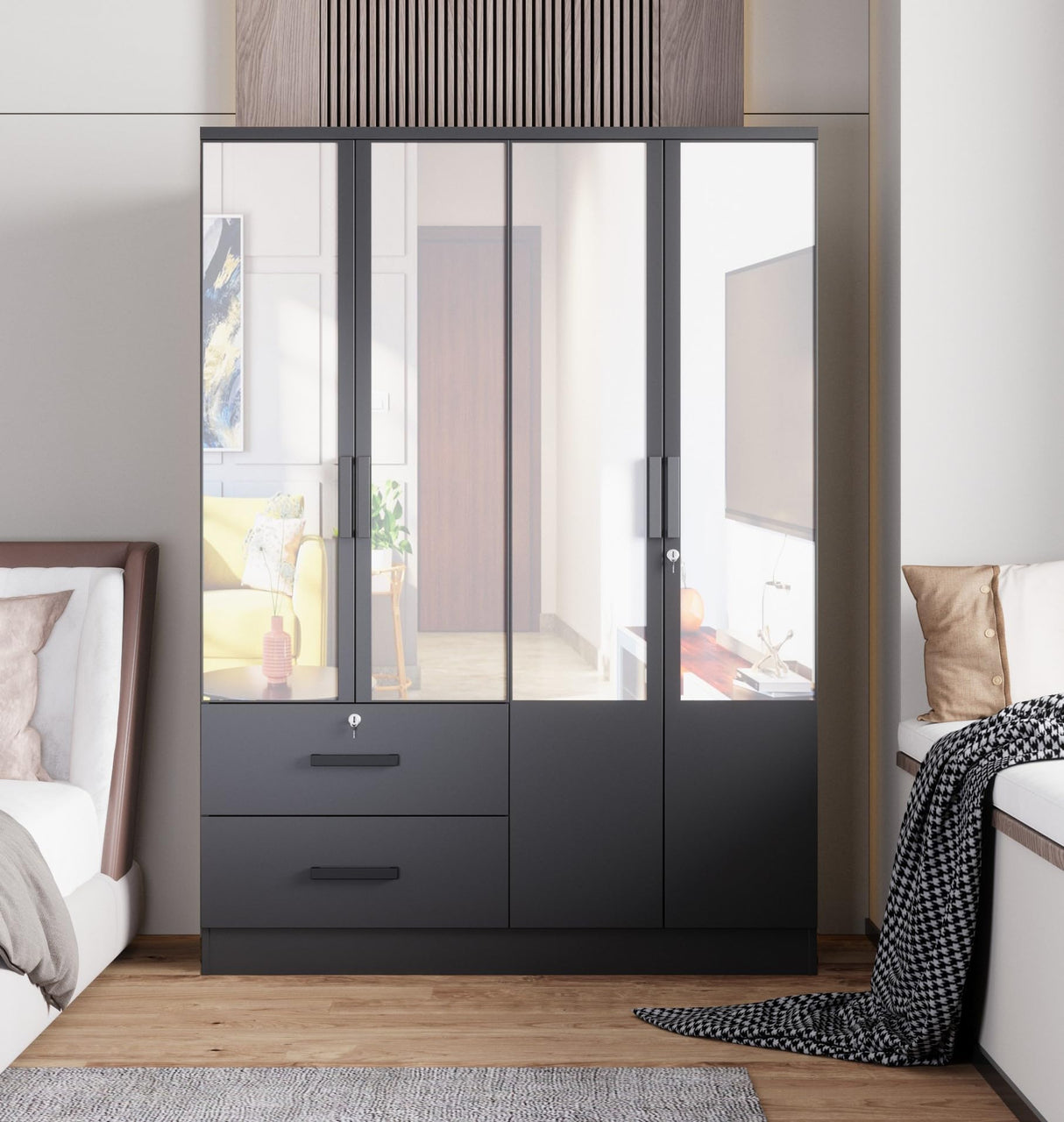 Woodpeckers Furniture And Mattress 4 Mirrored Doors Wardrobe 2 Drawers with Shelves 72 high (4 Mirrors, Black) Woodpeckers Furniture And Mattress