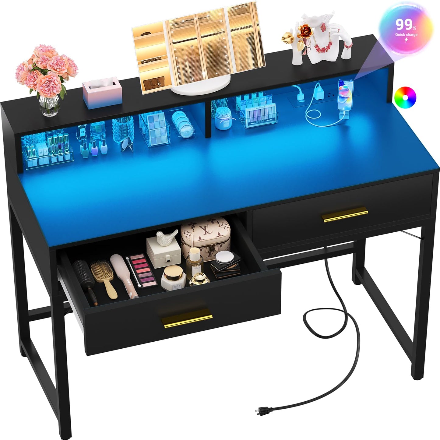 Cyclysio Vanity Desk with Mirror and Lights, 36 Inch Makeup Vanity with 2 Wooden Drawers & Storage Shelves, Black Small Vanity with Power Outlets and LED Lights for Small Space, Bedroom, Black Pink