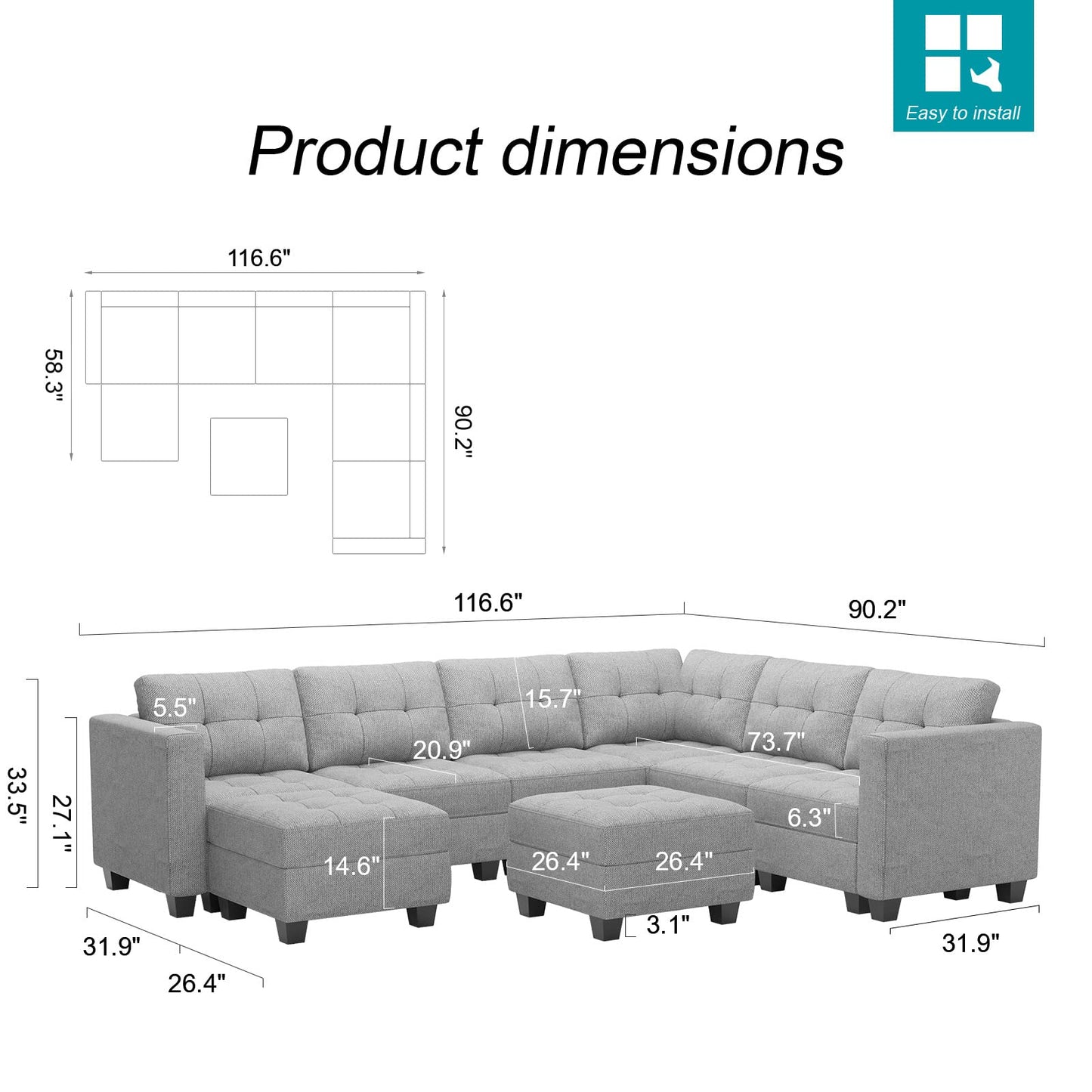 Belffin Modular Sectional Sofa with Storage Ottoman Oversized U Shaped Sofa Set Modular Sofa with Reversible Chaises Modern Fabric Light Grey