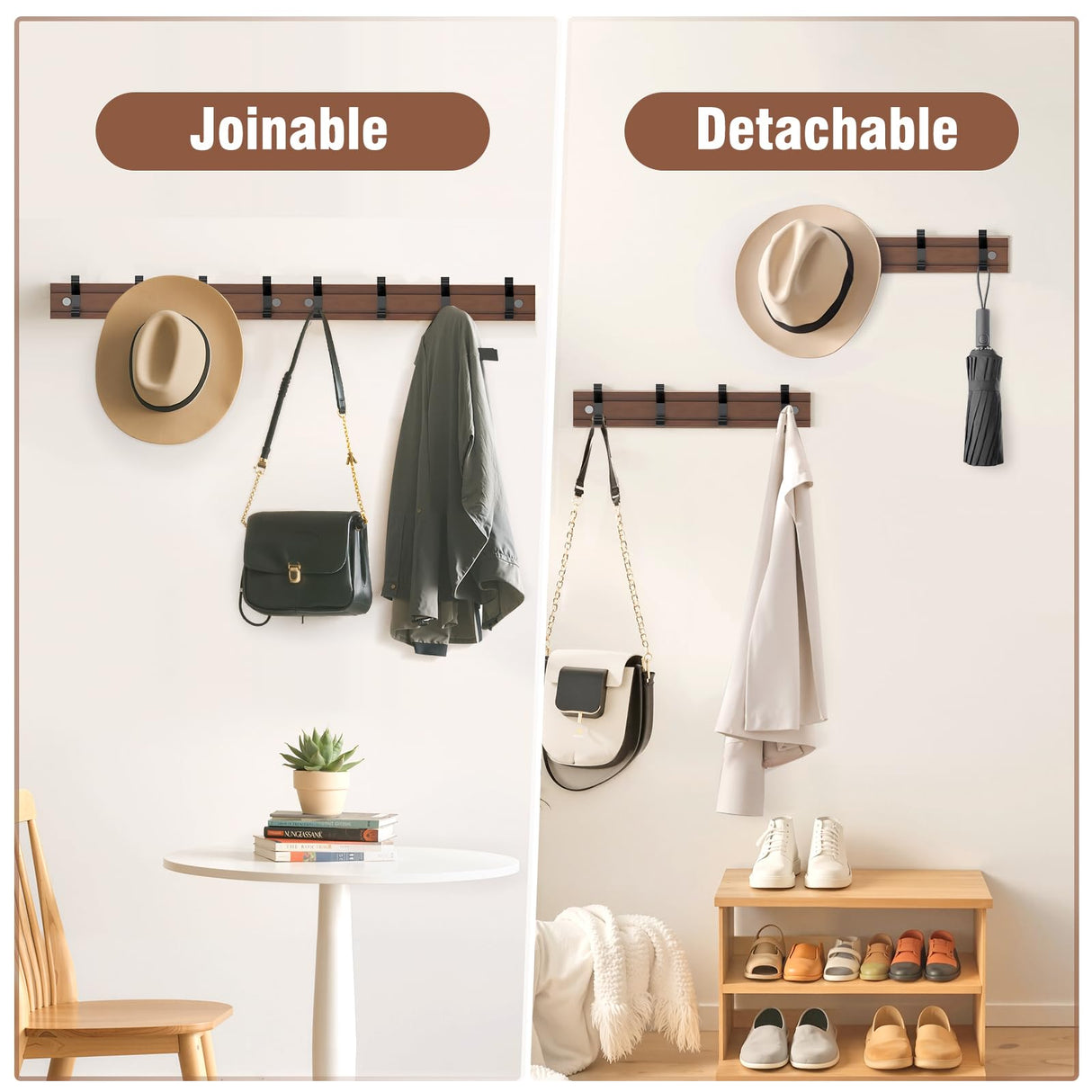 HAVEDAWN Adjustable Coat Rack Wall Mount, Coat Hooks with 8 Sliding Dual-Tier Hooks, Heavy Duty Hanger for Jackets, Hats, Solid Pine Wood & Metal, Farmhouse Chic Entryway Organizer, Easy Install HAVEDAWN