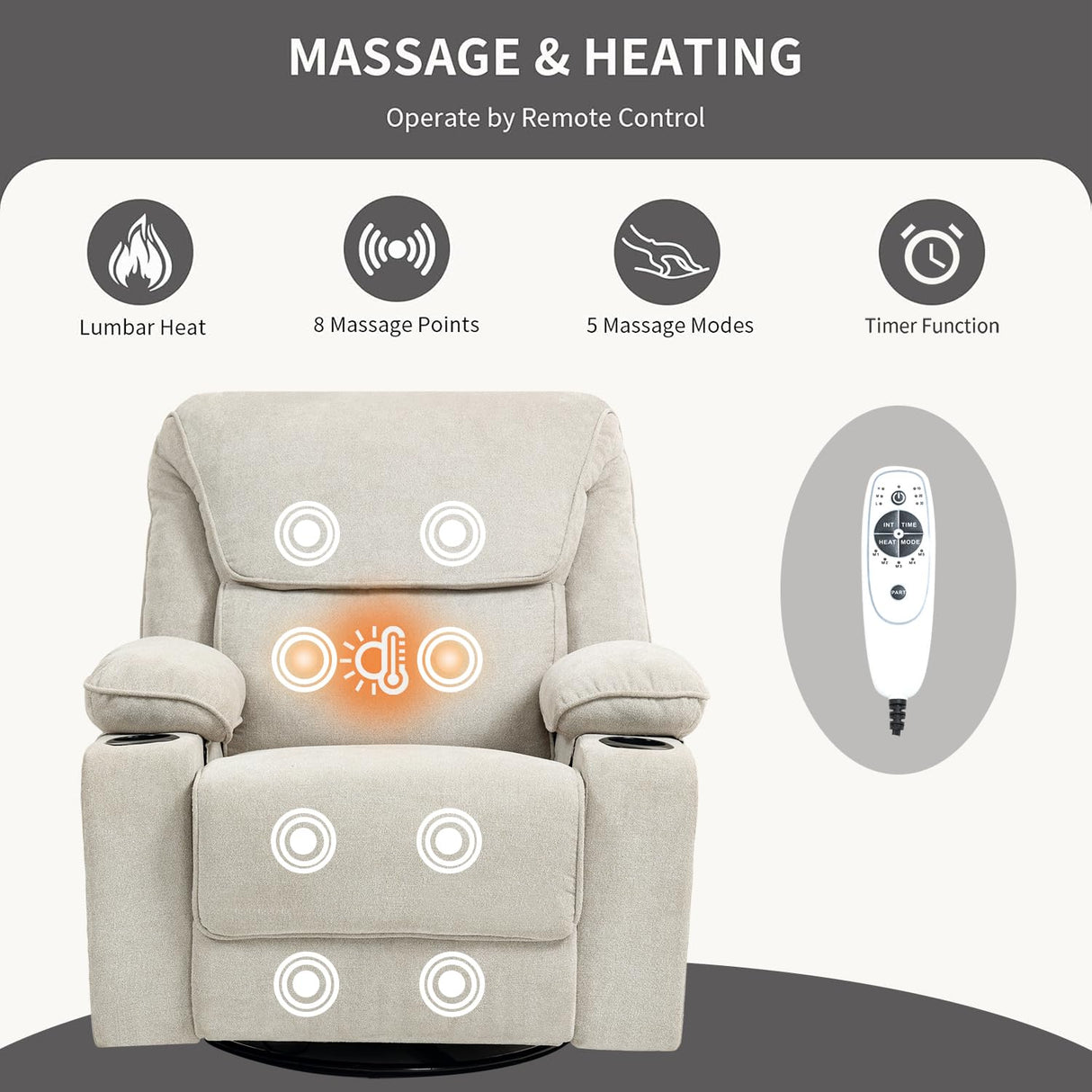 BRTHORY Rocker Recliner Chair with Massage and Heated, 360°Swivel Rocking Manual Recliner Chairs with Cup Holders Remote Control for Living Room (Gray Oatmeal) BRTHORY