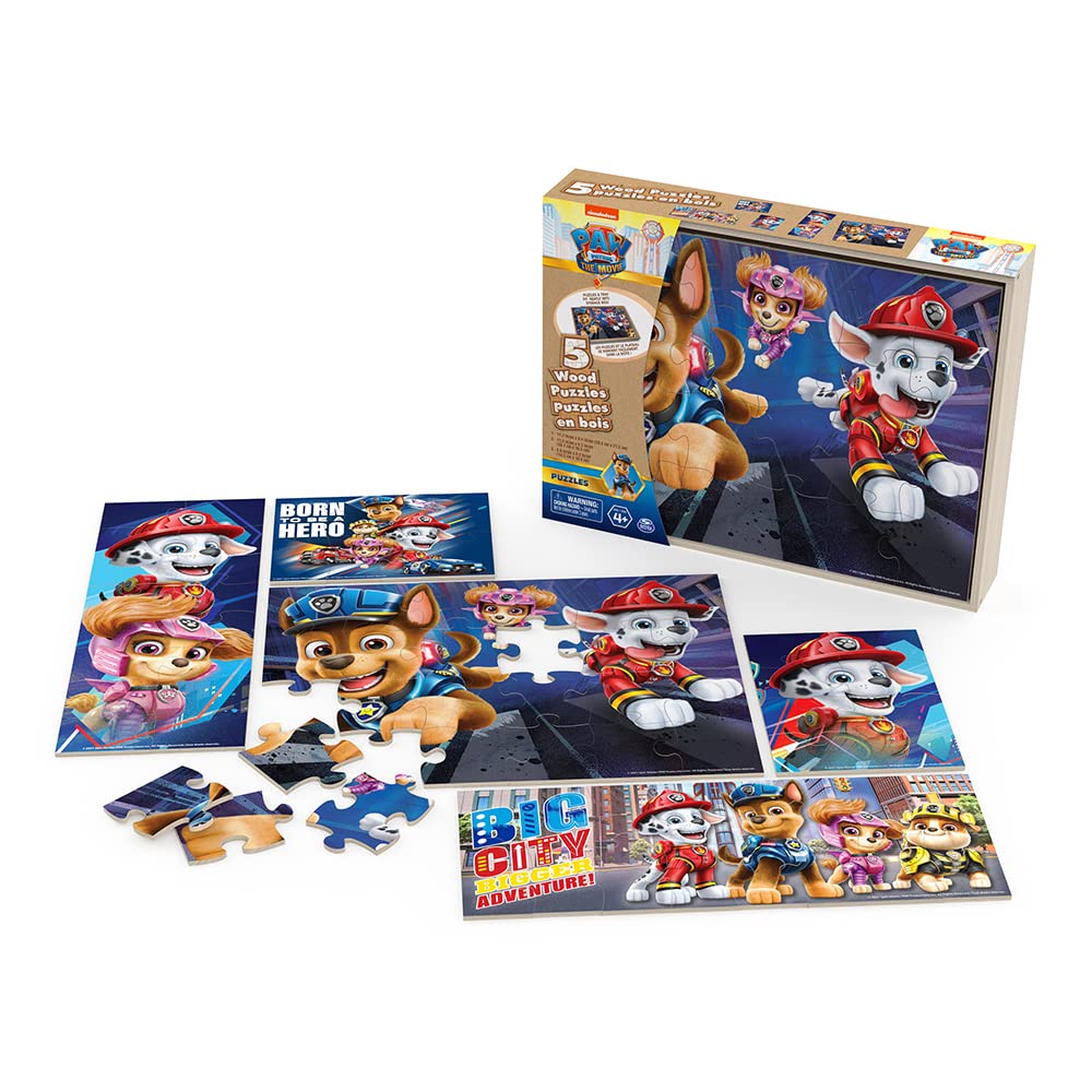 Paw Patrol The Movie - Set of 5 Wood Puzzles with Storage Box for Kids - Ages 4 and Up