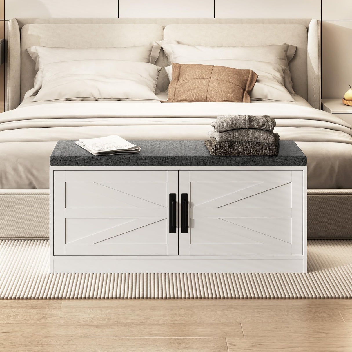 Giantex Shoe Storage Bench with Cushion, 2-Tier Entryway Bench w/2 Barn Doors & 2 Adjustable Shelves, Farmhouse Shoe Storage Cabinet for Entryway, Living Room, Hallway, Bedroom, White Giantex