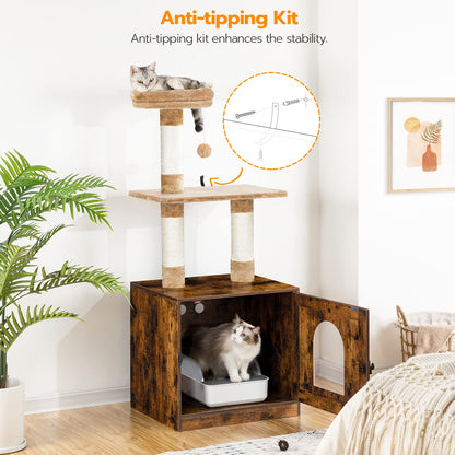 HOOBRO Litter Box Enclosure with Cat Tree Tower, Hidden Cat Washroom with Scratching Post and Soft Plush Perch, Wooden Cat Furniture, Indoor Pet Cabinet with Multiple Platforms, Rustic Brown  - WoodArtSupply