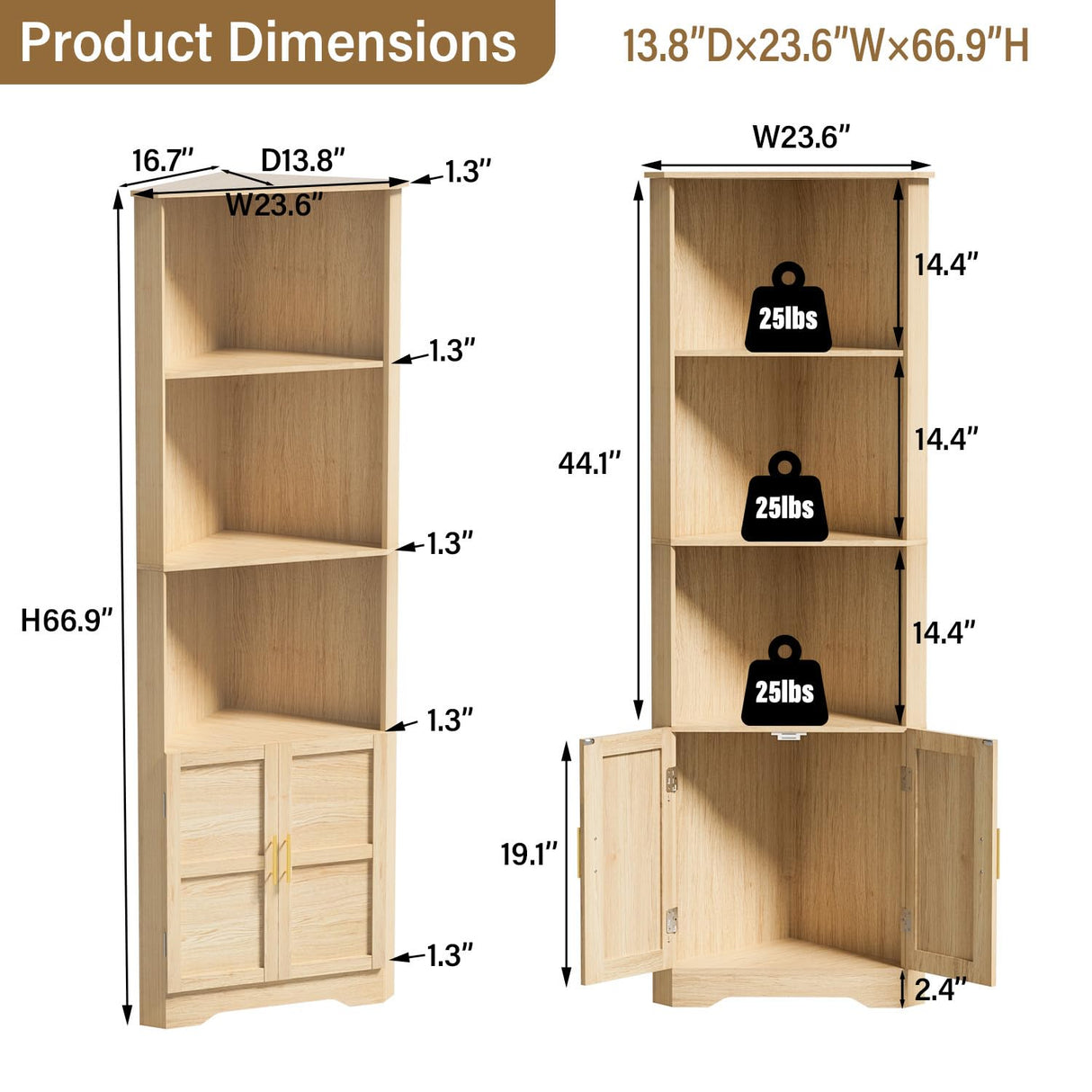 ROMMAK Corner Cabinet, 67'' Tall Corner Storage Cabinet with 2 Barn Doors and Adjustable Shelves for Living Room, Kitchen, Bathroom, Laundry Room, Natural Wood ROMMAK