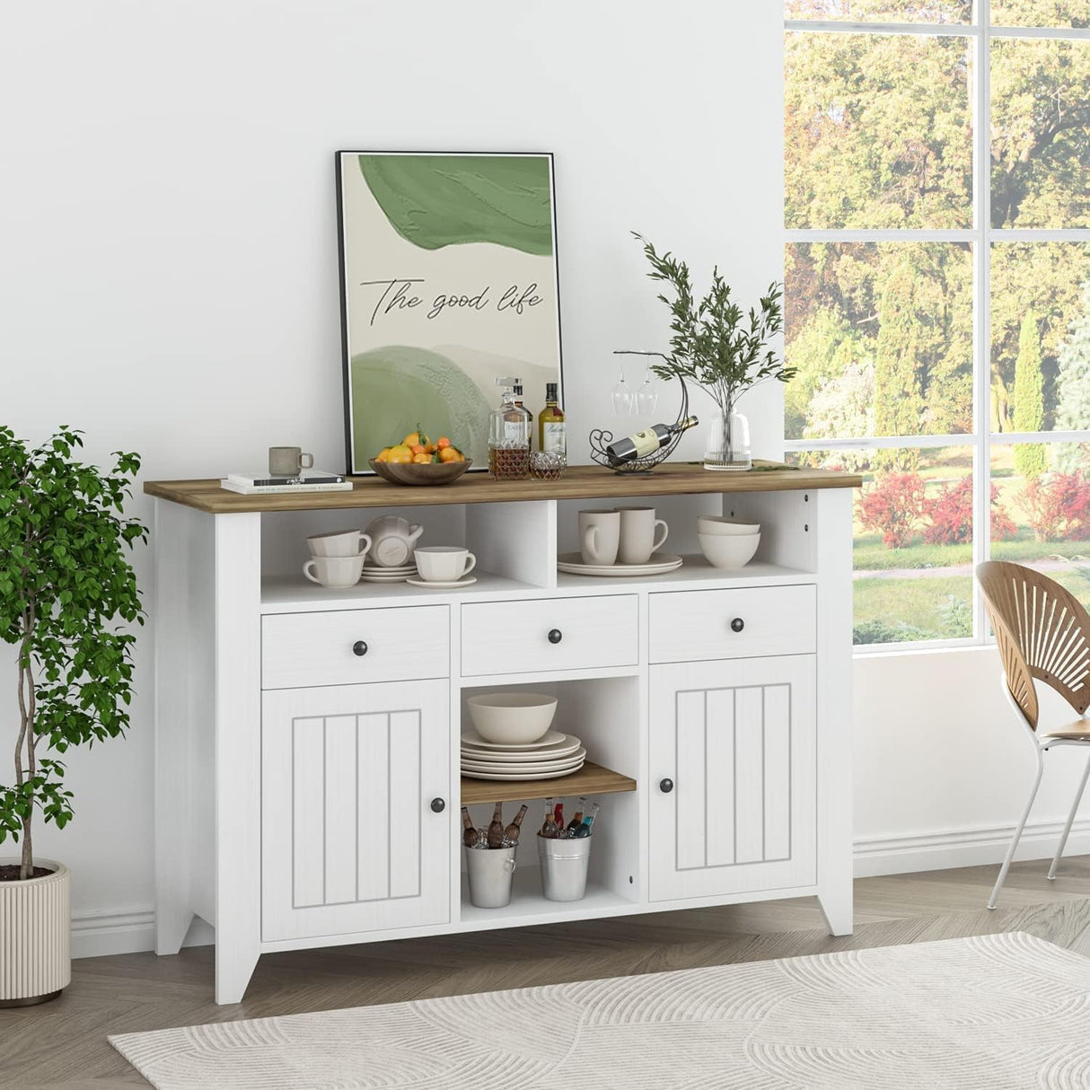Elegant White Coffee Bar Cabinet with Storage - 47'' Farmhouse Buffet with 3 Drawers, 2 Doors, and Open Shelf 4ever2buy