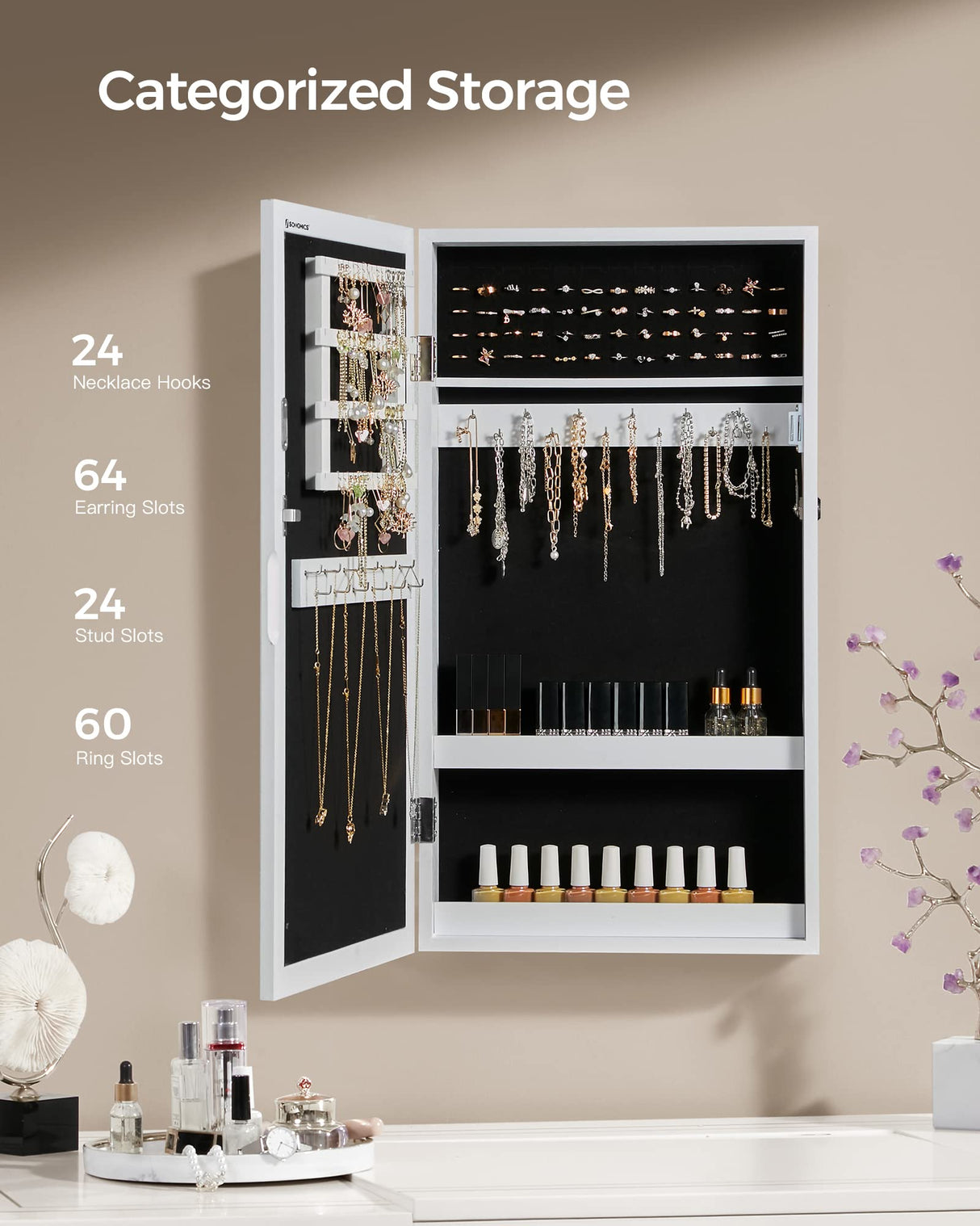 SONGMICS Lockable Jewelry Cabinet Armoire with Mirror, Wall-Mounted Space Saving Jewelry Storage Organizer, White UJJC51WT SONGMICS
