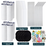 ROTERSTEIN 8 Pack 20 oz Sublimation Tumbler Set Double Walled Stainless Steel Skinny Straight Blank Tumbler Bulk with Lid, Straw, DIY Stickers Shrink Wrap, Rubber Base for Heat Transfer Heat Press ROTERSTEIN