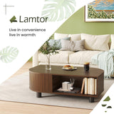 Lamtor Leaf-Shaped Fluted 39.4" Coffee Table with Storage, Mid Century Wooden Center Table, Modern Central Table with Sliding Door & Large Hidden Compartment, for Living Room Home Office, Walnut Lamtor