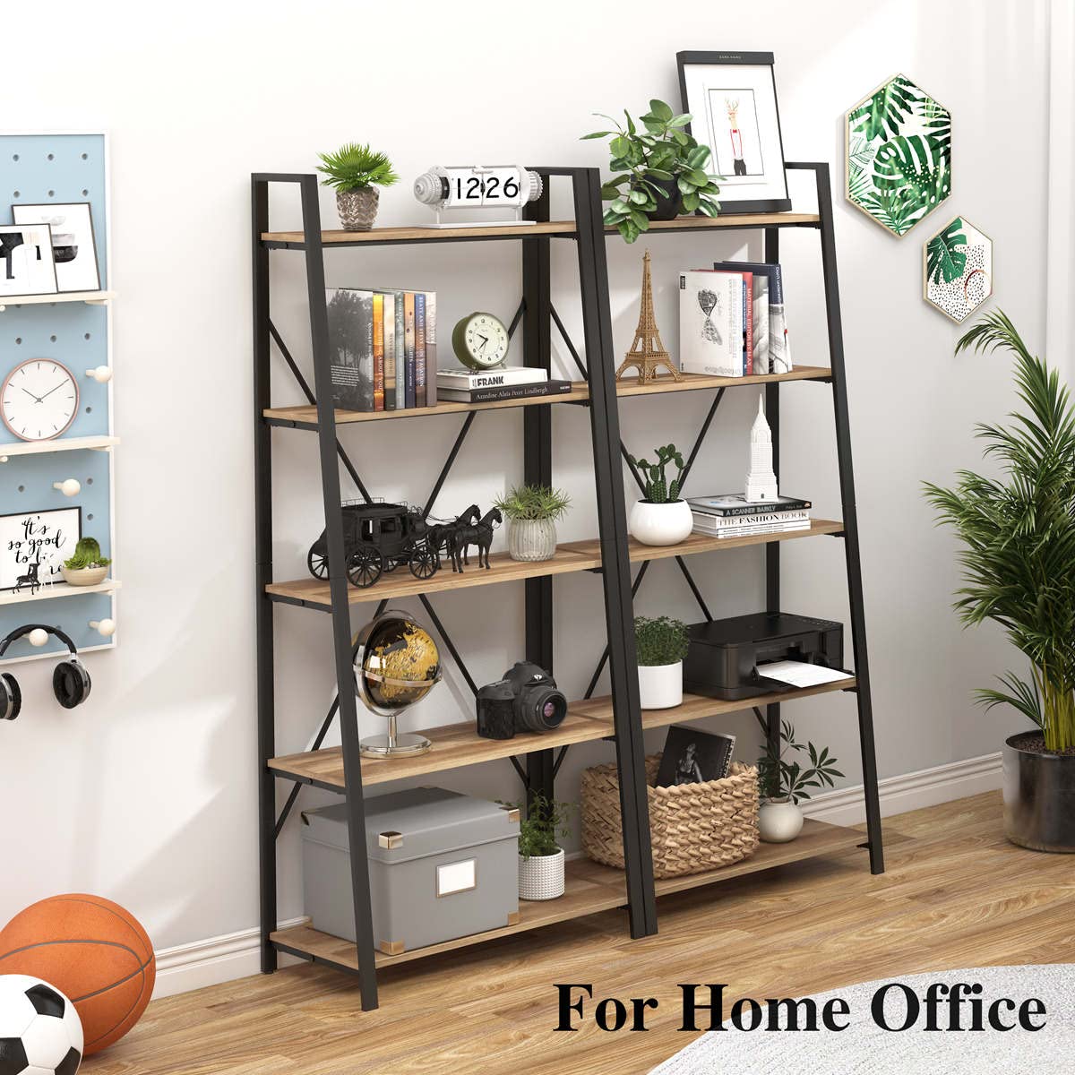 BON AUGURE Industrial 5 Tier Ladder Bookshelf, Wood and Metal Ladder Shelf Bookcase, Farmhouse Leaning Shelves for Living Room (Vintage Oak) BON AUGURE