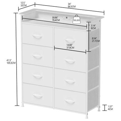 Welfuturer White Dresser for Bedroom with Power Outlets and LED Lights Narrow 8 Fabric Drawers Dressers Tall Storage Tower Unit for Entryway Closet Hallway Living Room Sturdy Steel Frame Wooden Top