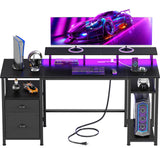 Furologee 51" Gaming Desk with Power Outlets & LED Lights, Reversible Computer Desk with File Cabinet & Monitor Stand for Home Office, Large Work Table with Storage Shelves & Drawer, Black Furologee