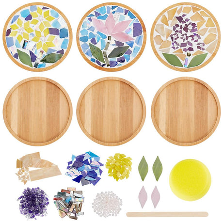 WEBEEDY DIY Mosaic Craft Kit 3 Sets Flower Mosaic Bamboo Coasters Kits for Adults Beginner, Mixed Color Glass Mosaic Tiles with Round Coaster Base for Handmade Mosaic Coaster Home Decor Christmas Gift WEBEEDY