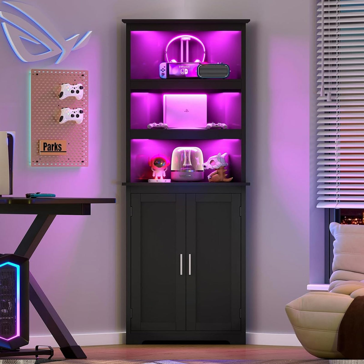 TEENFON Tall Corner Cabinet with LED Lights, Gothic Style Corner Storage Cabinets with Doors, 5-Tier Bathroom Cabinet, Living Room, Dining Room, Black TEENFON