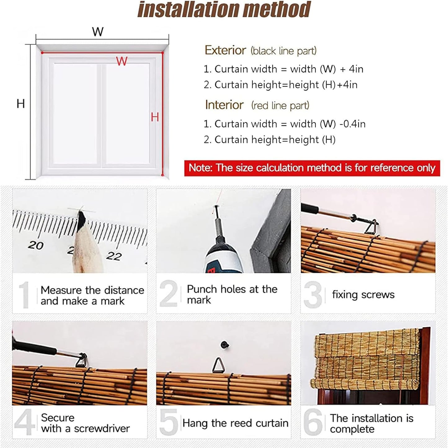 Natural Bamboo Roller Blinds for Outdoor and Indoor Use - 23x59in, Brown - WoodArtSupply