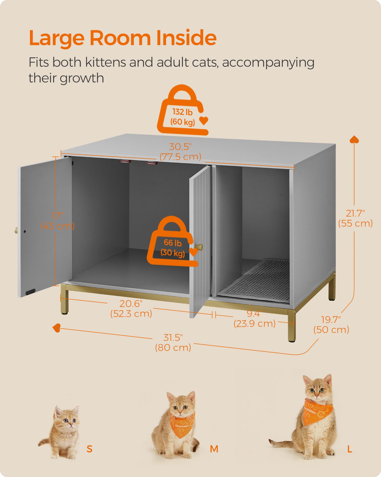 Feandrea Litter Box Enclosure, Modern Cat Litter Box Furniture Hidden, with Scratching Mat, Tall Legs, Cat House, Side End Table, 31.5 x 19.7 x 21.7 Inches, Dove Gray and Gold UPCL007H01 - WoodArtSupply