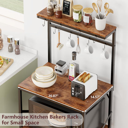 Korfile Kitchen Bakers Rack with Storage Shelves, Small Coffee Bar Table with 8 Hooks, 4 Tiers Microwave Stand Station with Adjustable Shelves, Freestanding Kitchen Appliance Organizer, Rustic Brown