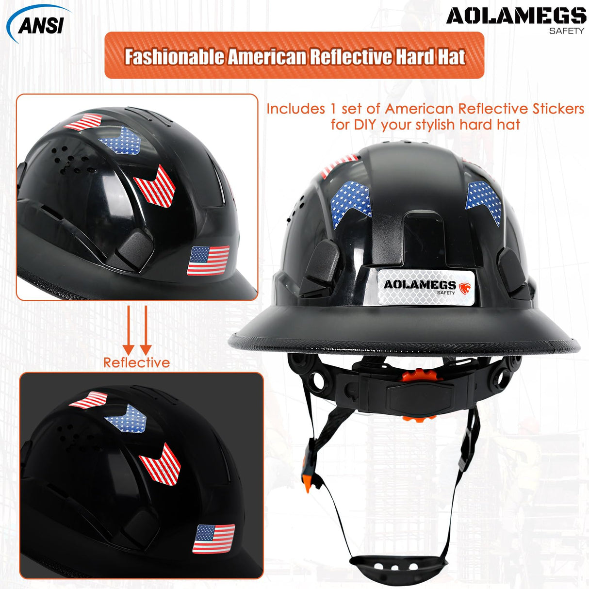 Aolamegs Safe Full Brim Hard Hats Construction OSHA Approved With Clear Visor - ANSI Z89.1 Vented Black Hard Hat With Chin Strap Reflective Cascos De Construccion Safety Helmet for Men 6-Pt Suspension Aolamegs Safe