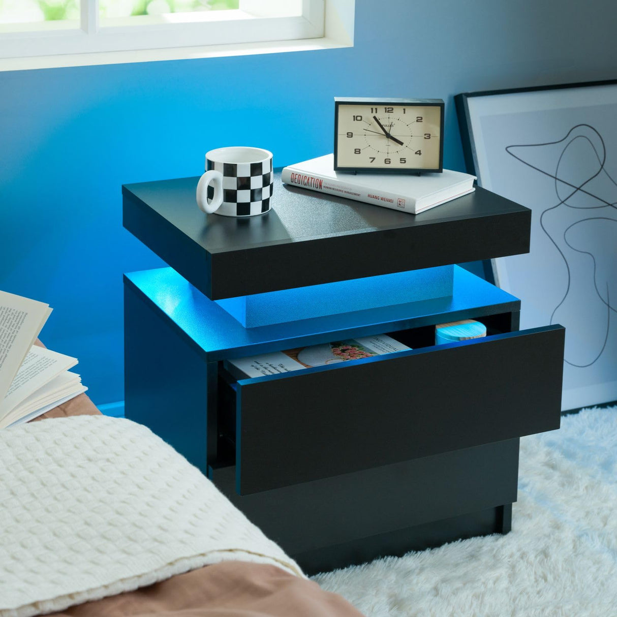 i-aplus Nightstand Set of 2 LED Nightstand with 2 Drawers, Bedside Table with Drawers for Bedroom Furniture, Side Bed Table with LED Light, Black i-aplus