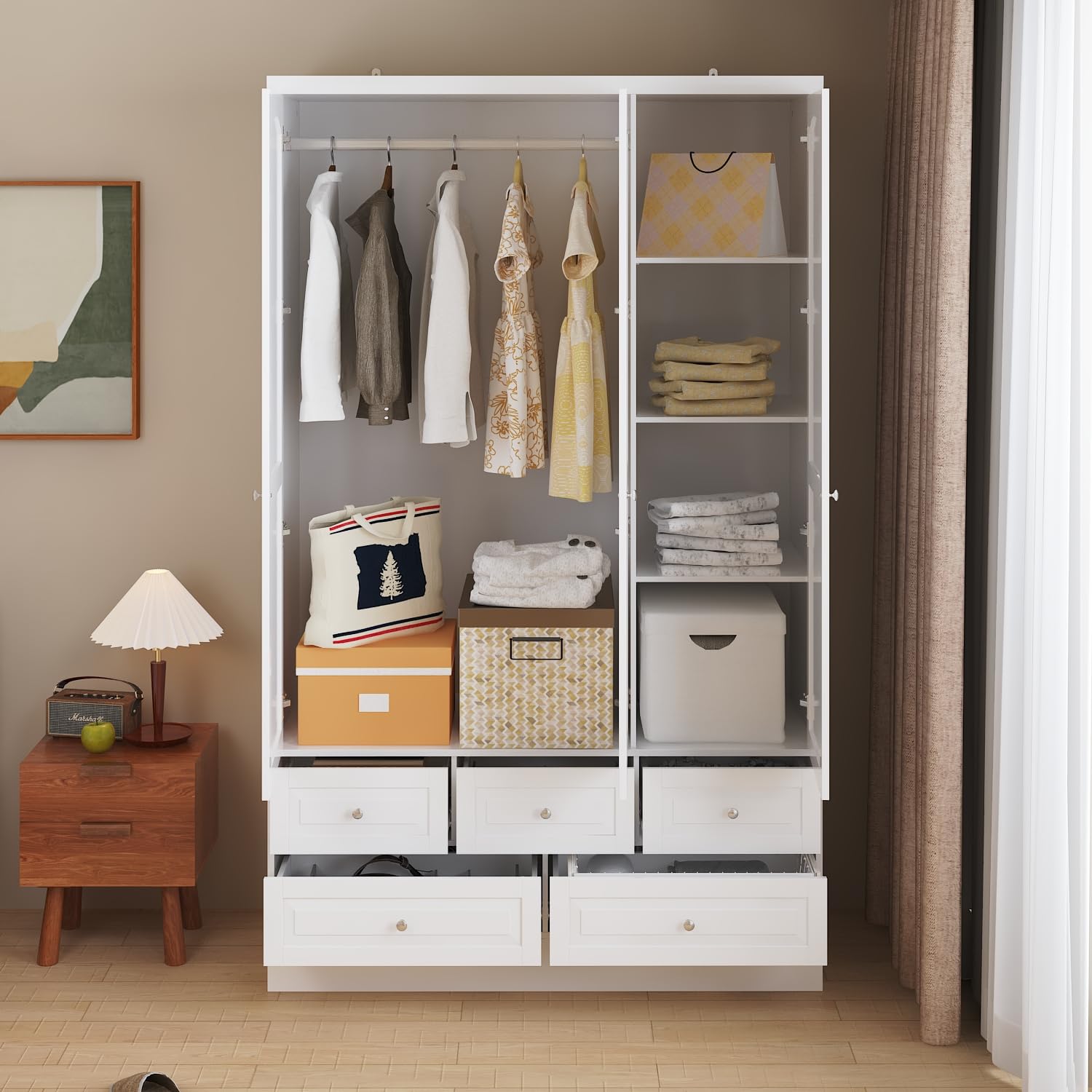 Homsee 3 Doors Armoire Wardrobe Closet with Mirror, Hanging Rod& 5 Drawers, Bedroom Armoires Cabinet with 4 Tier Adjustable Shelves, White (47.8”W x 19.7”D x 78.7”H) - WoodArtSupply