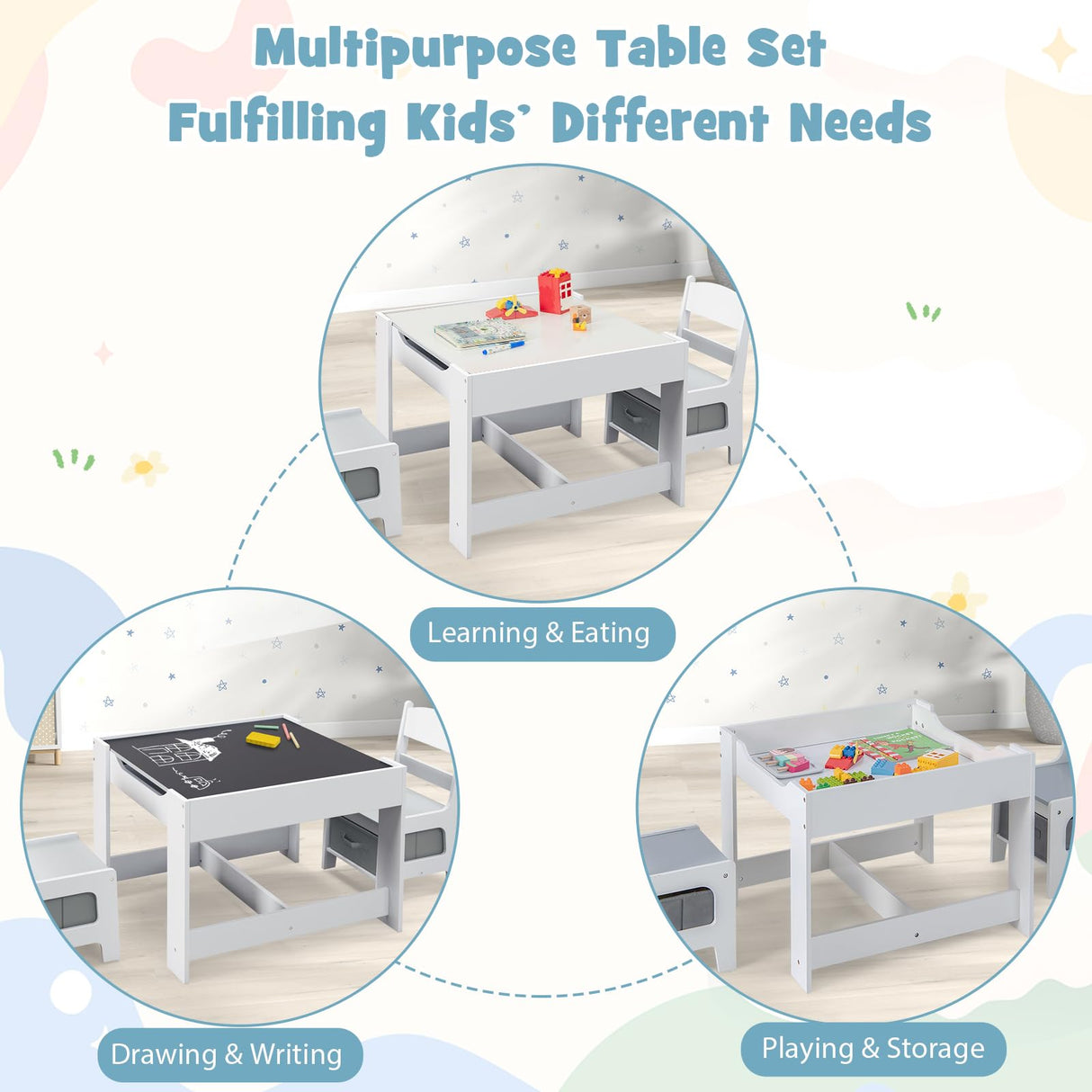 GLACER Kids Table and Chairs, 3 in 1 Wooden Activity Table with Storage, Reversible Tabletop, Chalkboard for Crafts, Drawing, Reading, Toddler Table and Chair Set for Playroom, Easy to Clean(Grey) GLACER