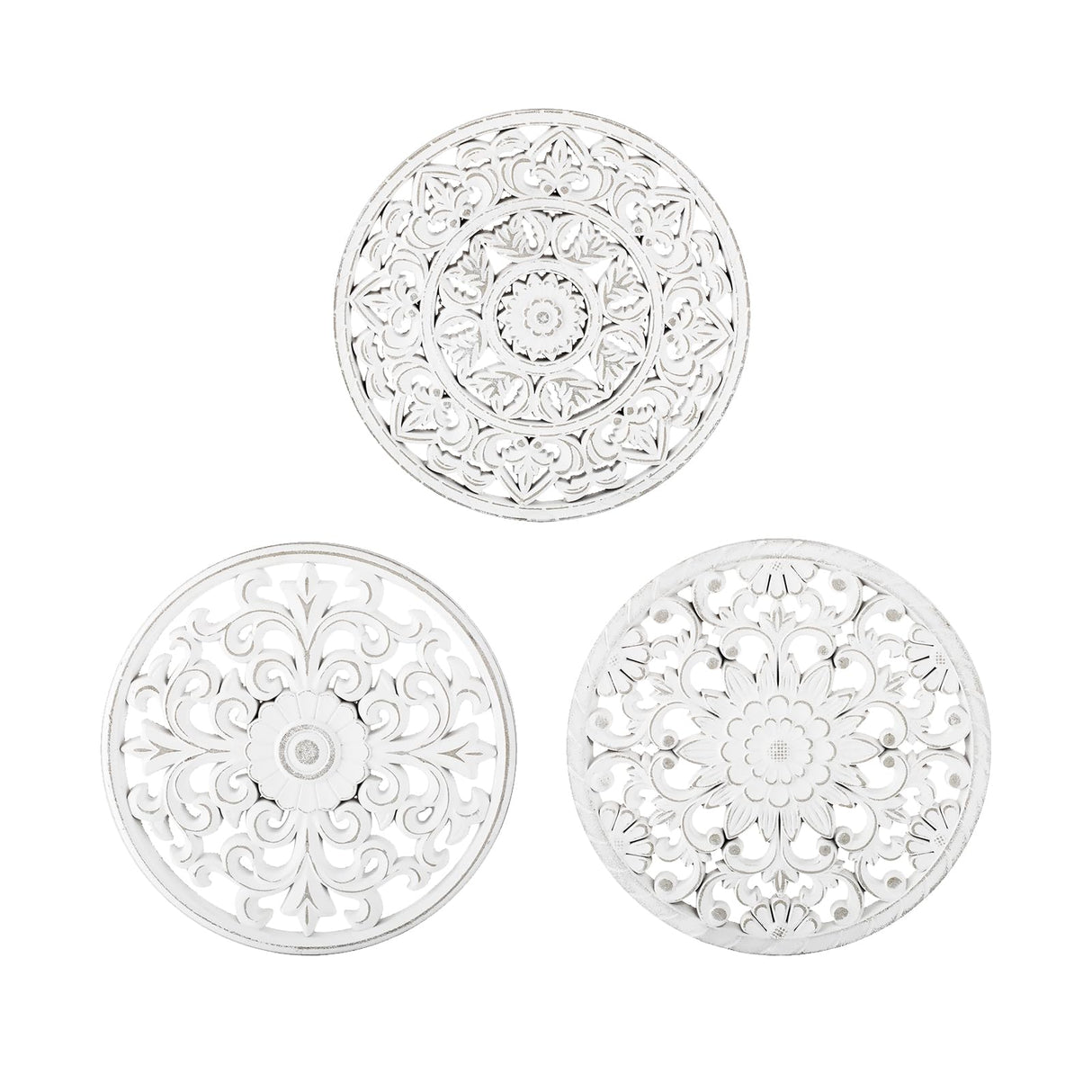 Walasis White Wall Decor Carved Medallion - Rustic Wood Wall Art Decorative Distressed Hanging Decorations Farmhouse Home Decoration for Living Room Bedroom Kitchen Bathroom Set of 3 Walasis