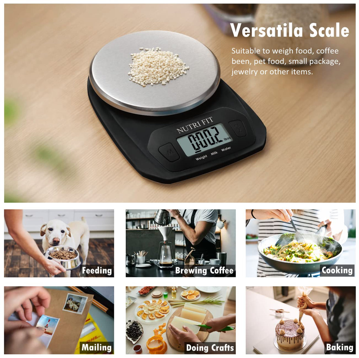NUTRI FIT Digital Food Scale Small Kitchen Scales Weight in Grams and OZ for Cooking Baking Weight Loss, Stainless Steel Tare & Backlit LCD Display, Black NUTRI FIT