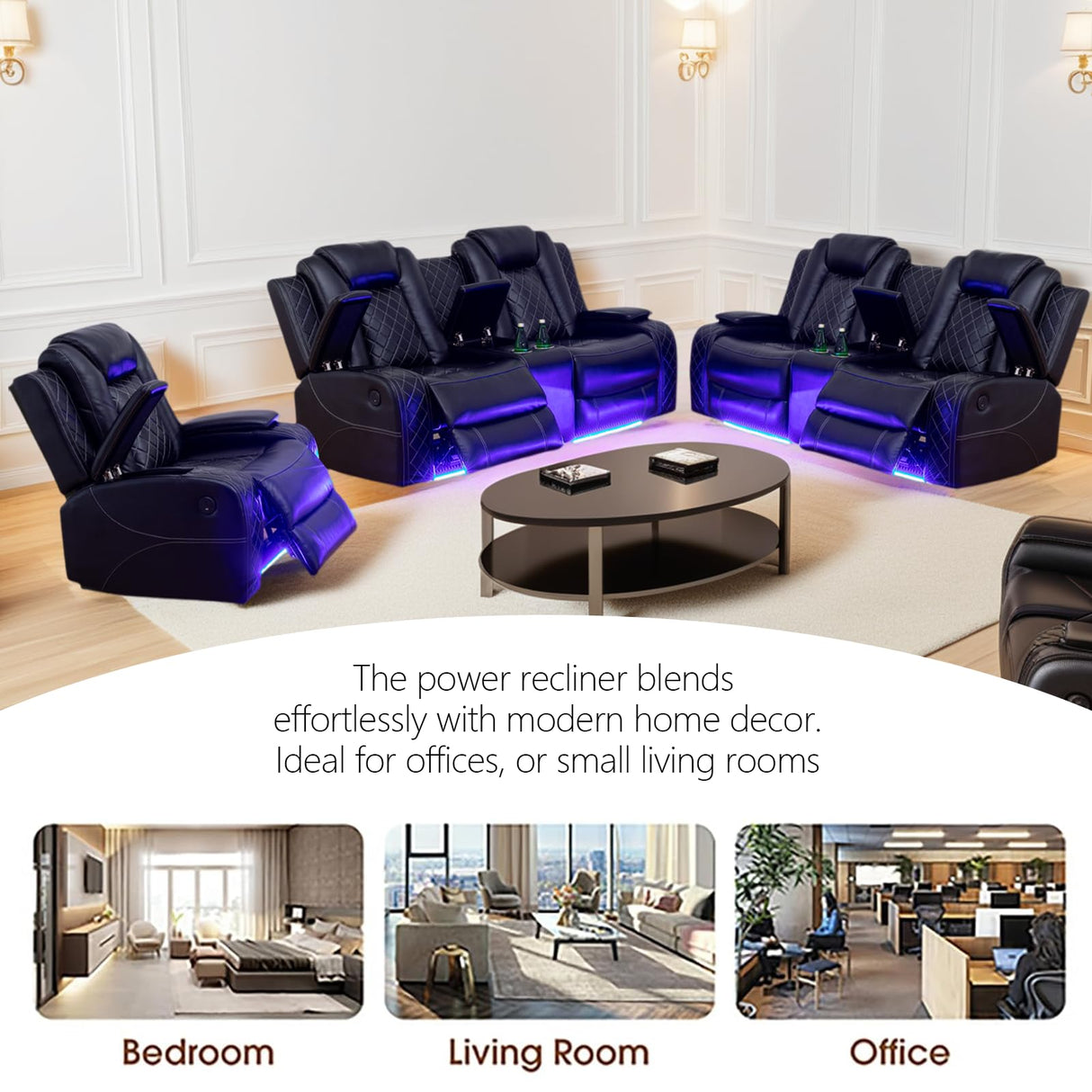 JBXBER Power Recliner Sofa Set with LED Lights, Black Leather Reclining Couch Sets with Storage Console, USB Ports, Cup Holder, Home Theater Seating, Living Room Furniture(2 Loveseats and a Chair) JBXBER