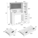HAIOOU Fluted Vanity Desk with Mirror and Lights,48" Large Makeup Vanity Desk with Charging Station,Dressing Table with 4 Drawers & 3 Open Storage Shelves, Glass Top for Bedroom, White HAIOOU