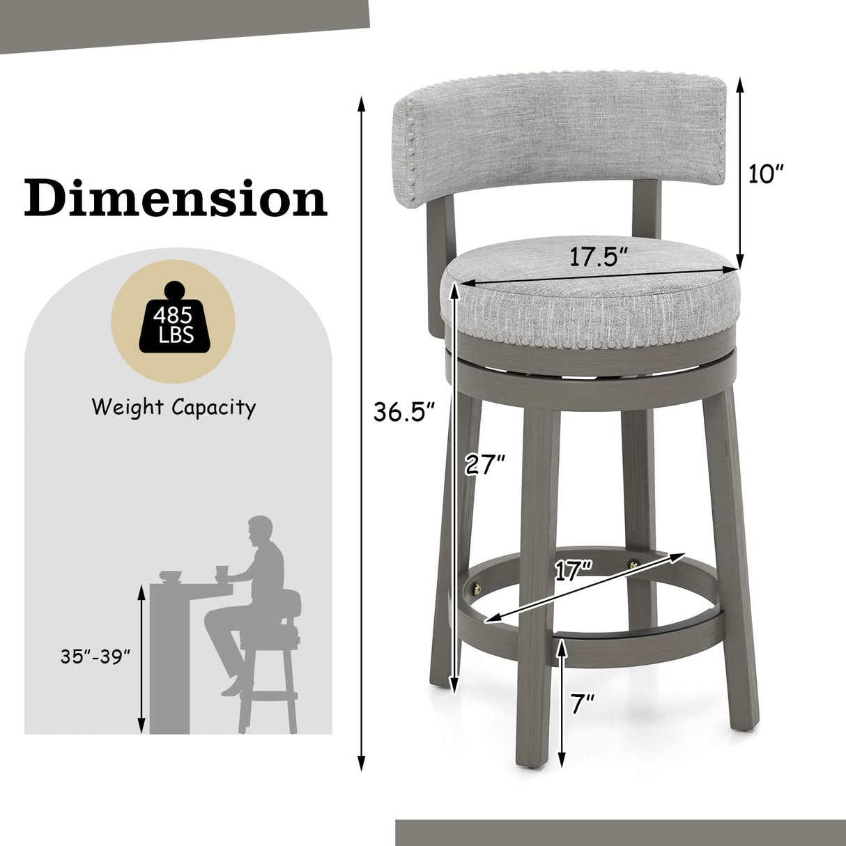 COSTWAY Bar Stool Set of 2, 27-inch 360° Swivel Barstool with Upholstered Back & Seat, Solid Rubber Wood Legs & Footrest, Farmhouse Counter Height Chair for Home, Bar, Cafe, Grey (2, Seat height 27‘’) COSTWAY