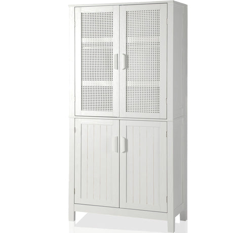 MISHAO 71" Kitchen Pantry Storage Cabinet, Tall Storage Cabinet with Rattan Doors & Adjustable Shelves, Freestanding Cupboard Wood Pantry for Kitchen, Living Room, Dining Room Hallway, White MISHAO
