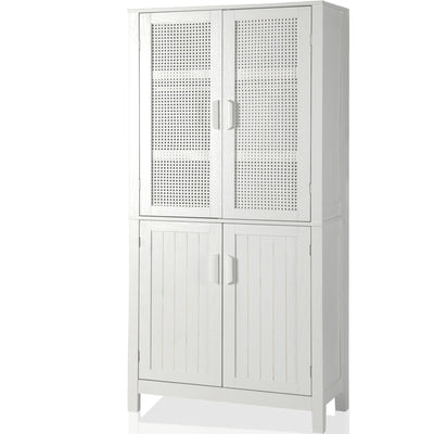 MISHAO 71" Kitchen Pantry Storage Cabinet, Tall Storage Cabinet with Rattan Doors & Adjustable Shelves, Freestanding Cupboard Wood Pantry for Kitchen, Living Room, Dining Room Hallway, White