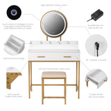 UTEX Makeup Vanity Desk with Mirror and Lights, Makeup Vanity Set with Drawers, Small Makeup Vanity Table, 3 Lighting Modes Dresser Desk and Cushioned Stool Set for Bedroom White and Gold UTEX