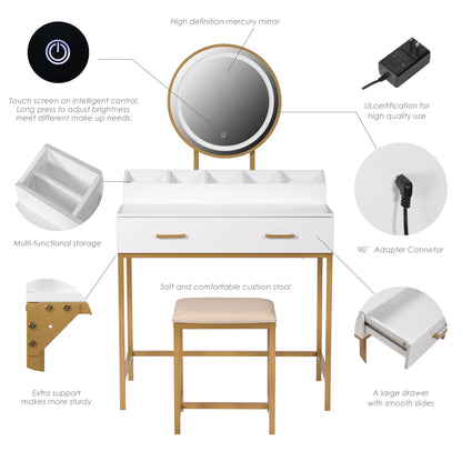 UTEX Makeup Vanity Desk with Mirror and Lights, Makeup Vanity Set with Drawers, Small Makeup Vanity Table, 3 Lighting Modes Dresser Desk and Cushioned Stool Set for Bedroom White and Gold - WoodArtSupply