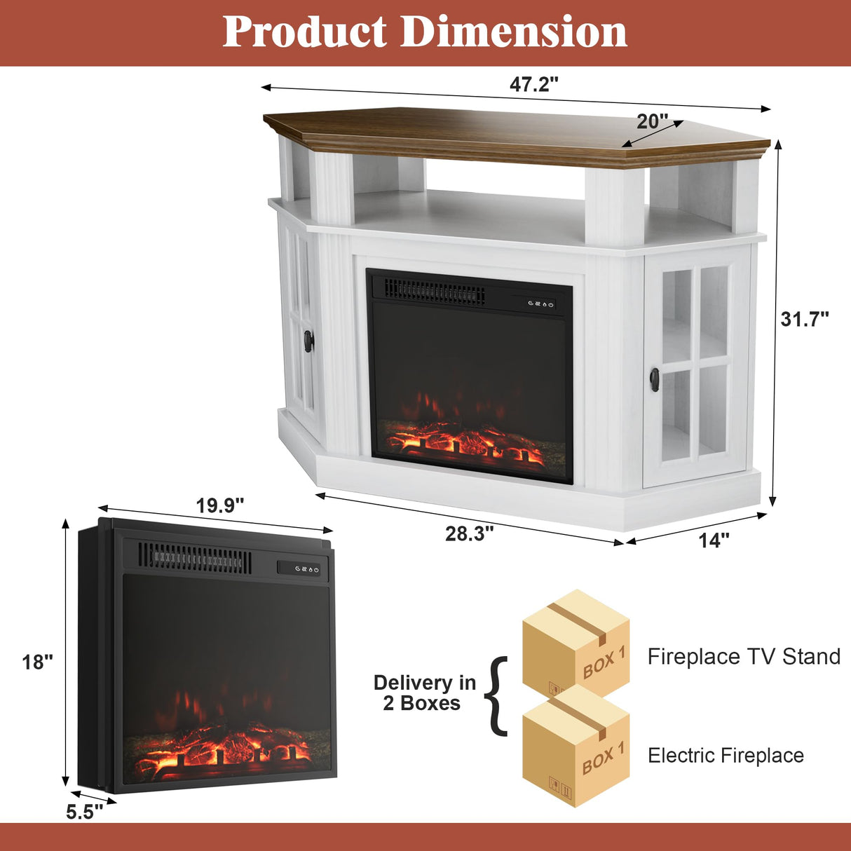Furmax Fireplace Corner TV Stand for TV Up to 55 Inch, Modern TV Console with 18 Inch Electric Fireplace, Entertainment Center with Open Shelf and Storage Cabinets for Living Room, Antique White Furmax