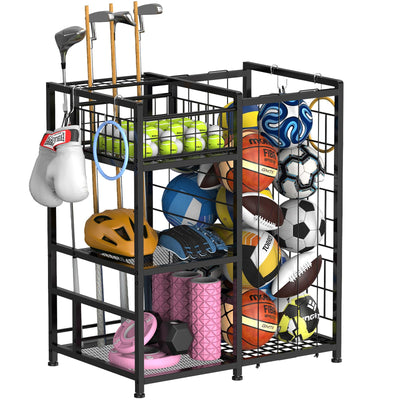 HEOMU Sports Equipment Organizer with Elastic Cords and 4 Hooks, Metal Garage Ball Organizer for Indoor Outdoor, Ball Storage Rack with Basket for Sports Gear and Toys, Black