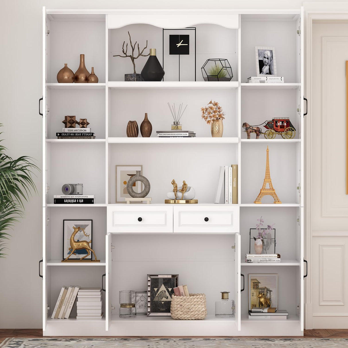 Elegant White Tall Bookcase with Glass Doors & 14 Compartments for Stylish Storage Homsee