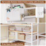 DICTAC Twin Loft Bed with L-Shaped Desk and Charging Station Twin Size Metal Bed Frame with LED Lights,Storage Shelves and Coat Rack with 2 Storage Drawers,Top Bunk with Safety Guard & Stair, White DICTAC