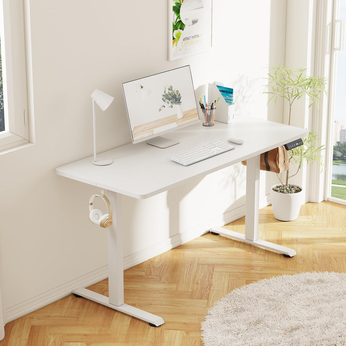 Veken 55 Inch Large Electric Standing Desk, 4 Memory Heights Adjustable,Sit to Stand Up, Work Home Office Computer Table for Study, Walking Pad, Writing, and Games, Wooden Desktop Desks, White Veken