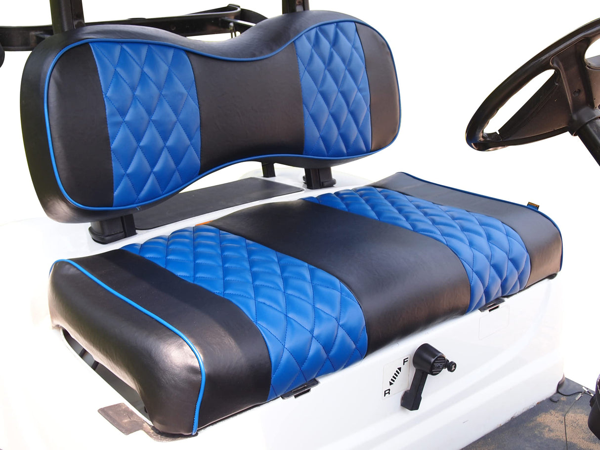 Huskey 4PCS Golf Cart Front/Rear Seat Covers for EZGO Medalist/TXT 94-13 Custom Two-Tone Black/Blue Diamond Stitching with Blue Piping, Marine Grade Huskey Parts Company