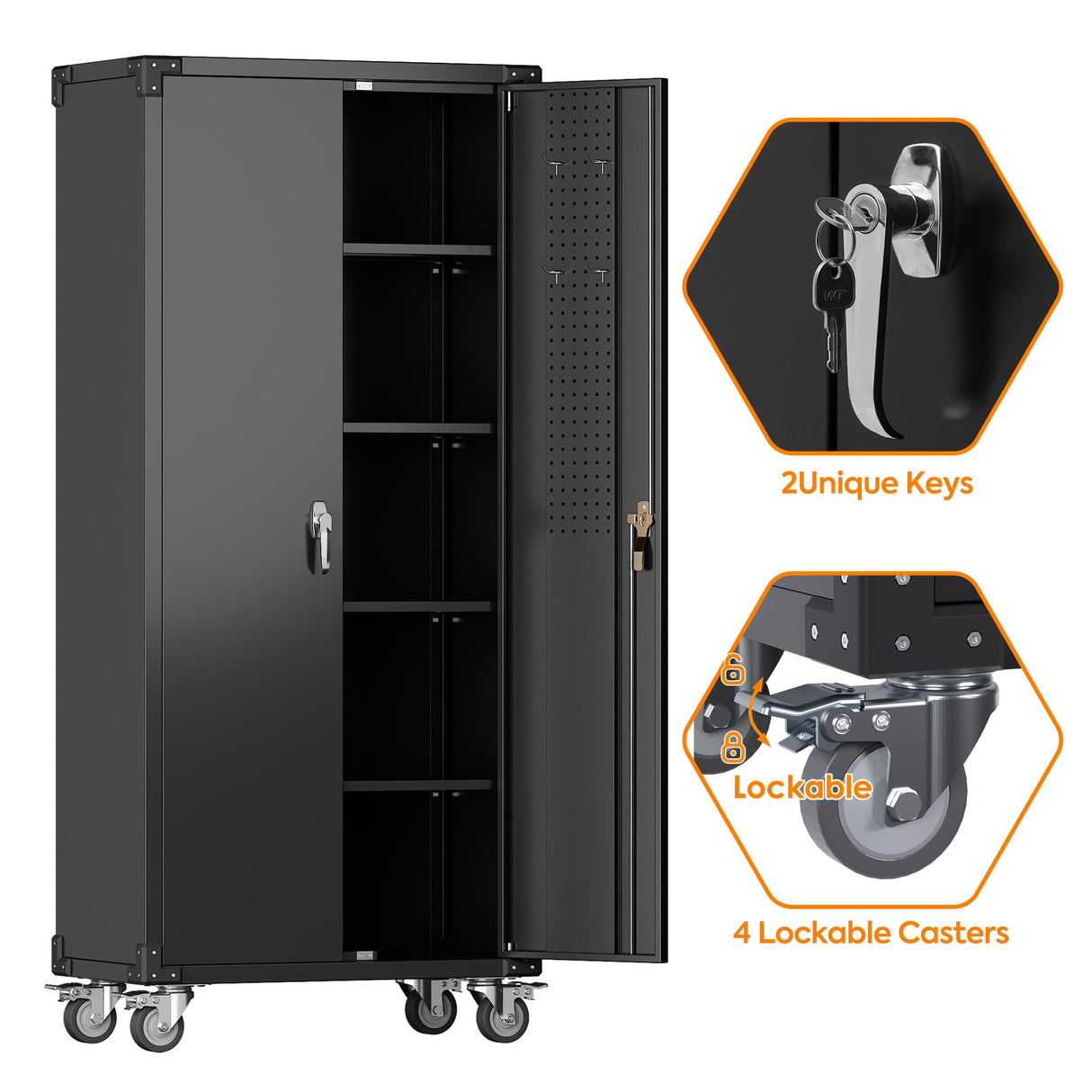 SUXXAN Metal Storage Cabinets with Wheels, 72" Steel Lockable Storage Cabinet with Adjustable Shelves Pegboards and Hooks for Office School Garage Warehouse Utility Room, Assembly Require, Black SUXXAN