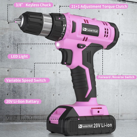FADAKWALT Cordless Drill Set, 20V Electric Power Drill with Battery And Charger, Torque 30N, 21+1 Torque Setting, 3/8-Inch Keyless Chuck, Drill Driver Bits Kit, with LED Electric Drill Set. （Pink) FADAKWALT