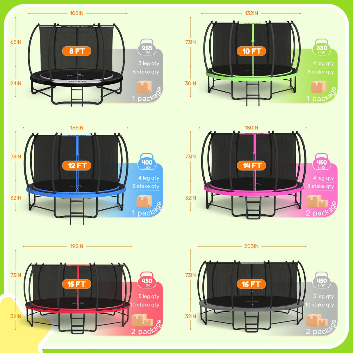 BCAN Trampoline 8FT 10FT 12FT 14FT 15FT 16FT Recreational Trampoline with Enclosure for Kids Adults, ASTM Approved, Outdoor Trampoline with Ladder for Kids BCAN