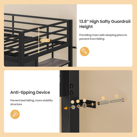 BTHFST Twin Loft Bed for Kids, Low Loft Bed Twin Size with 9 Storage Dresser, LED Lights, 2 Storage Shelves & Stairs, Metal Black Bed with Safety Guardrail for Young Teens, Space Saving, Black BTHFST
