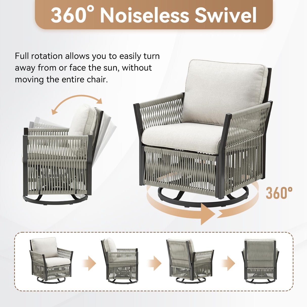 5 Pieces Patio Furniture Sets, Outdoor Modular Sectional with Sofa, 2 Swivel Glider Chairs & 2 Ottomans, All-Weather Rattan Conversation Seating Group for Backyard, Deck, Porch, Beige PPorfamilia