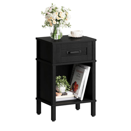 Farmhouse Nightstand with Drawer, Wood Bedside Table with Open Shelf, Modern Bedside Cabinet for Bedroom, Small End Table, Side Tables with Storage Shelf for Bedroom Black LET512B YAUKTAK